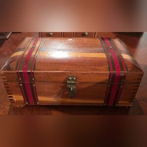 Vintage Pilliod Cedar & Brass Jewelry Box  Red Enamel Accents